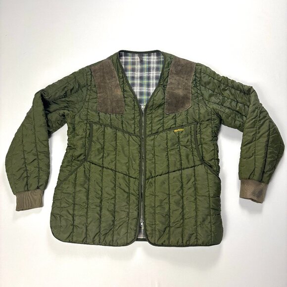Vintage Barbour Mens Quilted Hunting Jacket Green Sz L Moleskin Patches Flannel - Picture 1 of 8